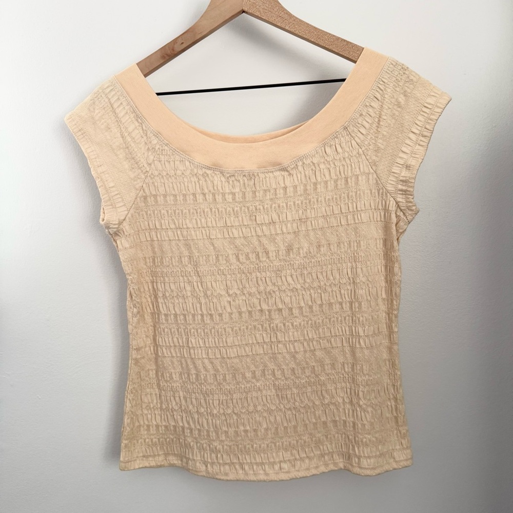 90s Y2K XL Boat Neckline Textured Top Light Peach Cottage Preppy Classy‎ Fitted